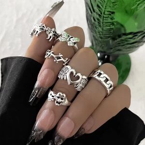 BRAND NEW Y2K Love Wings Cupid Butterfly Skull Thorn textured silver ring set